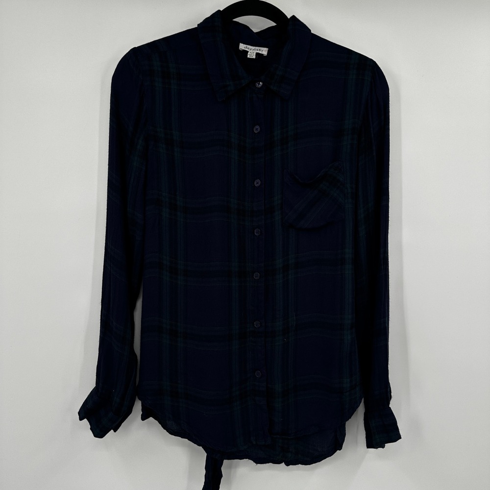 DizzyLissy Women's Plaid Button Down Shirt Tie Waist Long Sleeve Blue Green Med‎